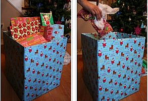 Use a cardboard box wrapped in gift paper as your garbage receptable on Christmas morning.