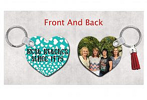 Funny Best Friends Double Sided Heart Keychain, Personalized Photo Keyring. Custom Key fob made just for you with photo and friend quote that you submit to me. Choose one of my quotes or send me one of your own. Makes a great gift for your best friends birthday or friendship anniversary. It is heart shaped and double sided. One side had a turquoise background with white floating hearts behind the quote. It is 2.5