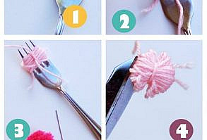 how to make a pom pom with a fork and wool or yarn. sooo old skool. there is also tutorial for a pompom garland. jellyfishprints.c...