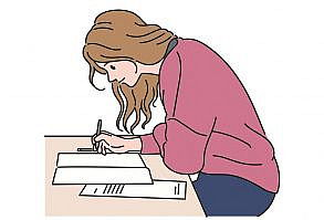 una niña está escribiendo algo. ilustraciones de diseño de vectores de estilo dibujado a mano.