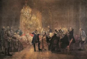 22x18 inch (580x480 mm) ready to hang frame with high quality RA4 print and mount individually cut to size. 570514 Concert for flute with Frederick the Great in Sanssouci, 1852 (oil on canvas) by Menzel, Adolph Friedrich Erdmann von (1815-1905); Neue Nationalgalerie, Berlin, Germany; (add.info.: Frederick the Great (1712-86) playing the flute. Princess Anna Amalia who once owned the ms scores of the Brandenburg Concertos is second from left. far right: Johann Joachim Quantz, the king's flute teacher; to his left with a violin and wearing dark c