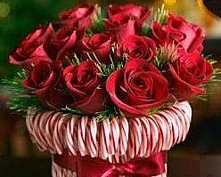 Place elastic band around jar & add candy canes under the band until you can no longer see the jar. Add roses & greenery for an inexpensive centerpiece or decoration,