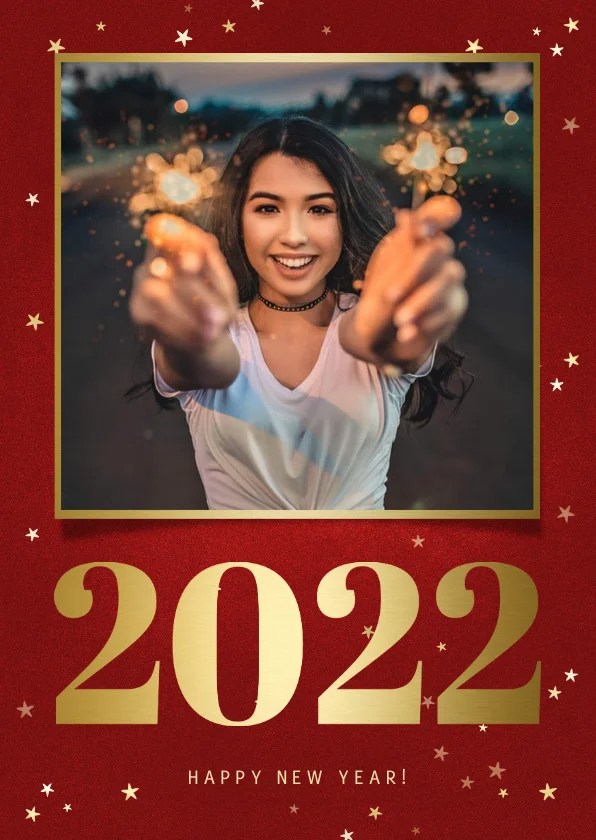 Rote Neujahrskarte 2022, Foto und Sterne - Neujahrskarten