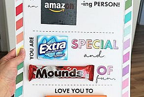 Need a quick and easy birthday gift? Download our free printable birthday card candy gram poster, add some candy and an amazon gift card, and you've got the perfect candy gram gift that everyone will love! This is a great gift for a teenager birthday party when you don't know what to get them. We've got two candy poster cards to choose from for an easy DIY teen gif, adult gift, parent gift, teacher gift, neighbor gift, etc. Check out our post for more easy DIY candy poster ideas and giant cards.