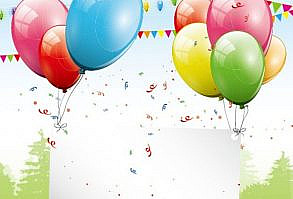 balloons holding a blank paper in a garden party