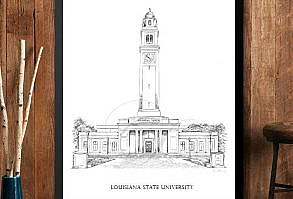 Louisiana State University, Art Print Hand Drawn, LSU, Tech, University, State College Art ( Sizes  5 x 7, 8 x 10, 13 x 19, 16 x 20)