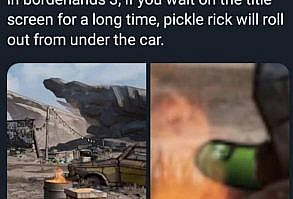 found another rick and morty reference in borderlands 3, if you wait on the title screen for a long time, pickle rick will roll out from under the car. – popular memes on the site iFunny.co #borderlands #gaming #borderlands