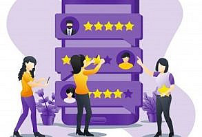 Young woman giving stars rating on giant smartphone customer review satisfaction positive feedback for product or services can use for web banner landing page vector illustration PNG and Vector