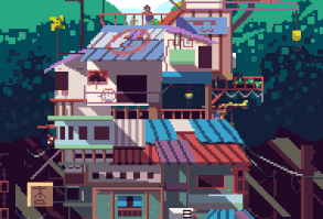 House all colors of the rainbow on a background of bright green trees