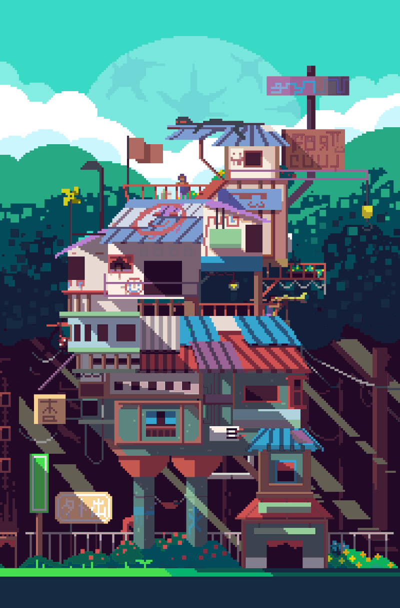 House all colors of the rainbow on a background of bright green trees