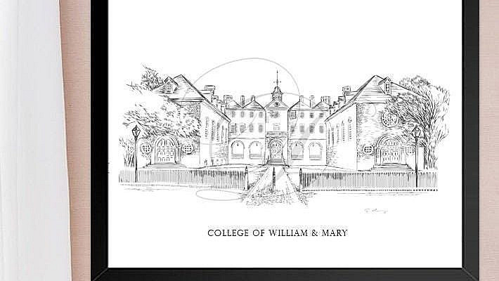 College of William & Mary, Fine Art Print, Hand Drawn, WM, Virginia, Tech, Signed Art, Christmas Gift, Alumni, Graduation, gift under 30