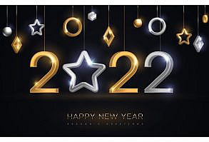2022 silver and gold numbers with star hanging on black background. Vector illustration. Minimal invitation design for Christmas and New Year. Winter holiday decorations.