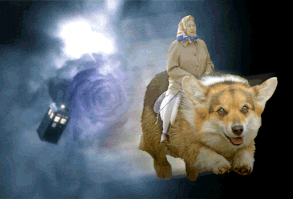 The Queen riding a corgi through time and space [gif]