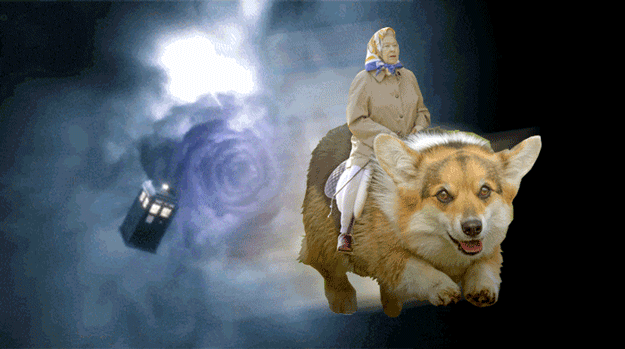 The Queen riding a corgi through time and space [gif]