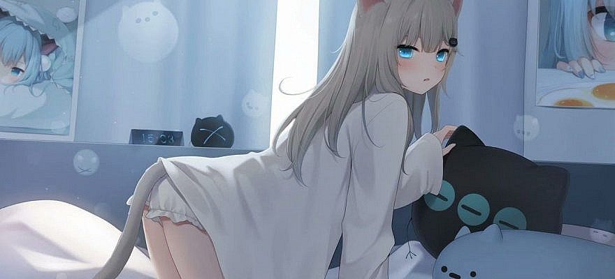 Cat girl on the bed live wallpaper ➜ 4K
