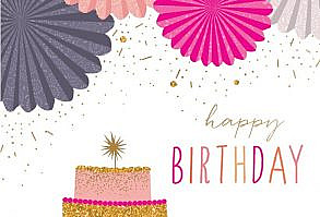 Lovely Birthday Card with paper fans and cake from Sara Miller with glitter and foil.  Outside Text: Happy Birthday Inside Text: Wishing you a dazzling celebration! Refinements: Glitter, Foil More from Sara Miller 0012.60903