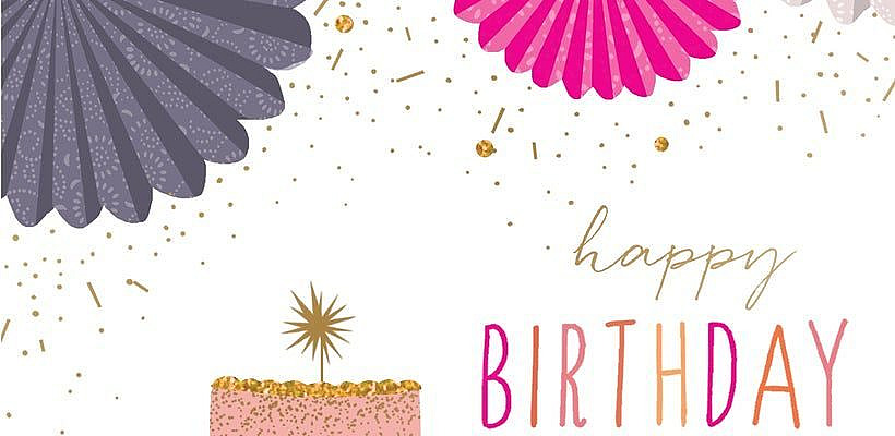 Lovely Birthday Card with paper fans and cake from Sara Miller with glitter and foil.  Outside Text: Happy Birthday Inside Text: Wishing you a dazzling celebration! Refinements: Glitter, Foil More from Sara Miller 0012.60903