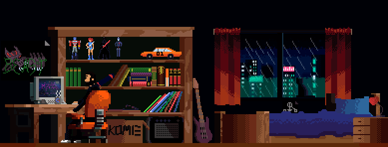 My first attempt at creating a pixel art retro game room. Kinda slopy, but good enough for now...
