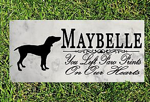 This Hungarian Vizsla Marble Memorial Stone comes personalized with your pet's name in just two days. This elegant Broad Bay Hungarian Vizsla memorial stone is truly the best way to remember a faithful and loving canine companion. The solid marble stone is excellent for indoors as a pet memorial or outdoors as a grave marker. This Hungarian Vizsla Memorial Stone is made out of solid marble and weighs roughly 2.5 lbs and is 12in x 6in and 3/8in in thickness. This memorial stone is the perfect gift for a Vizsla owner during their time of mourning