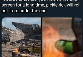 found another rick and morty reference in borderlands 3, if you wait on the title screen for a long time, pickle rick will roll out from under the car. – popular memes on the site iFunny.co #cars #found #morty