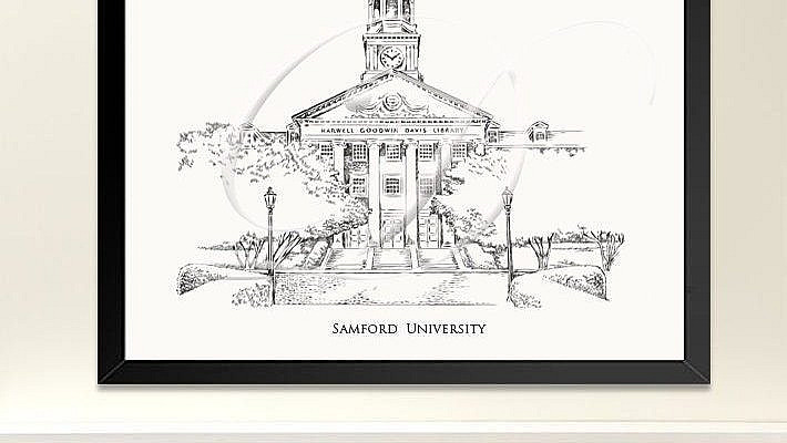 Samford University Library, Fine Art Print, Hand Drawn, Watercolor Paper, Signed Art ( Sizes  5 x 7, 8 x 10, 13 x 19, 16 x 20)