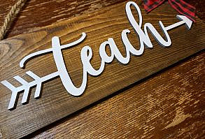 A beautiful gift your child's teacher will love and appreciate! Our Rustic themed plank board signs pair well with any decor themes! Each sign is designed and hand crafted out of MDF and whitewashed plank boards complete with jute cording for quick display. These are perfect for teacher Appreciation gifts, birthday gifts, or holiday gifts! [ ITEM DETAILS ] · One Sign with Painted Black Arrow Personalized with the teachers last name or the word