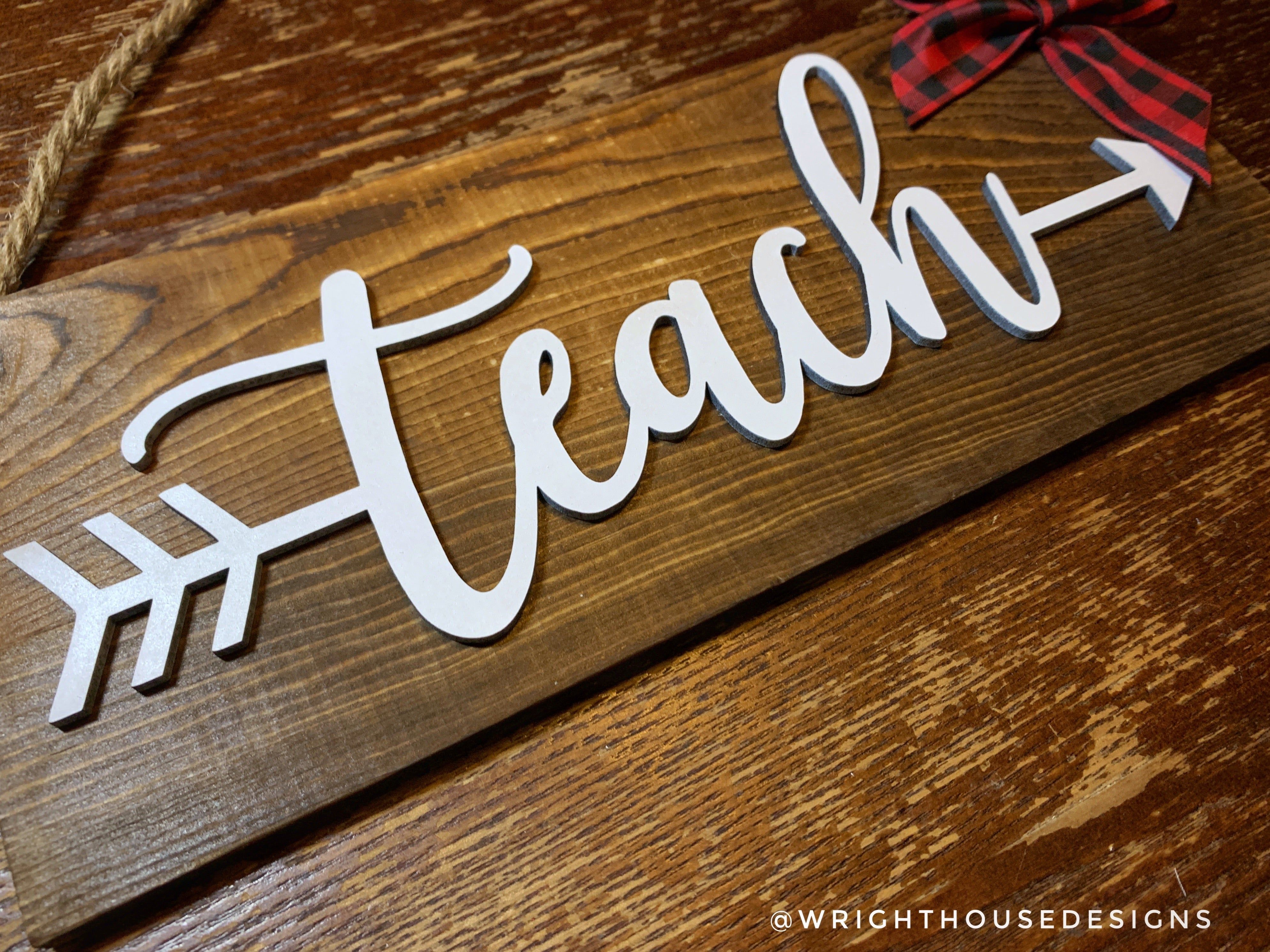 A beautiful gift your child's teacher will love and appreciate! Our Rustic themed plank board signs pair well with any decor themes! Each sign is designed and hand crafted out of MDF and whitewashed plank boards complete with jute cording for quick display. These are perfect for teacher Appreciation gifts, birthday gifts, or holiday gifts! [ ITEM DETAILS ] · One Sign with Painted Black Arrow Personalized with the teachers last name or the word 