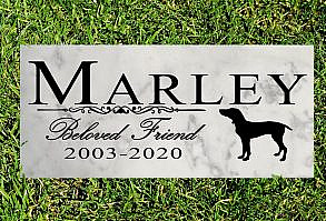 This Hungarian Vizsla Marble Memorial Stone comes personalized with your pet's name in just two days. This elegant Broad Bay Hungarian Vizsla memorial stone is truly the best way to remember a faithful and loving canine companion. The solid marble stone is excellent for indoors as a pet memorial or outdoors as a grave marker. This Hungarian Vizsla Memorial Stone is made out of solid marble and weighs roughly 2.5 lbs and is 12in x 6in and 3/8in in thickness. This memorial stone is the perfect gift for a Vizsla owner during their time of mourning