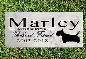This Scottish Terrier Marble Memorial Stone comes personalized with your pet's name in just two days. This elegant Broad Bay Scottish Terrier memorial stone is truly the best way to remember a faithful and loving canine companion. The solid marble stone is excellent for indoors as a pet memorial or outdoors as a grave marker. This Scottish Terrier Memorial Stone is made out of solid marble and weighs roughly 2.5 lbs and is 12in x 6in and 3/8in in thickness. This memorial stone is the perfect gift for a Scottish Terrier owner during their time o